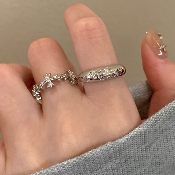 Alloy synthetic zircon ring cross flash diamond ring versatile simple opening ring