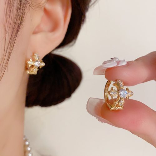 French retro fashion simple design full diamond cross ear buckle personality unique versatile cold wind ear ring female
