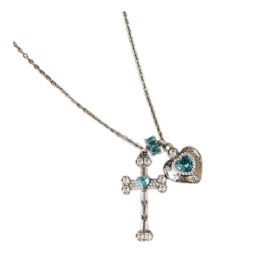 French Hot Girl Ice Blue Love Cross Pendant Necklace Women's Sweet Cool Collarbone Chain