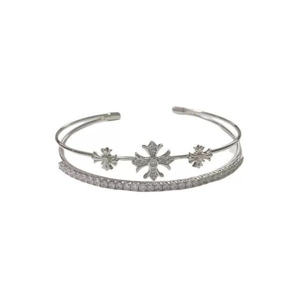 French Retro Personality Full Diamond Cross Necklace Double-layer Open Bracelet Versatile High-end Sense