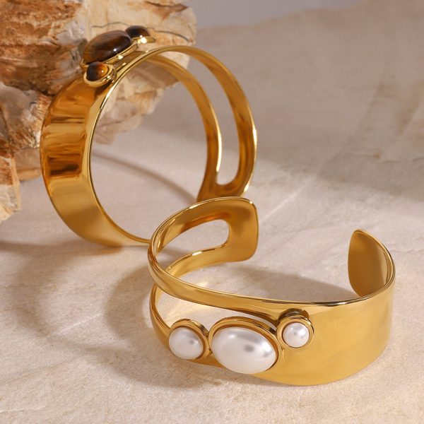 Niche Irregular Wide-faced Natural Stone Pearl Opening Hollow Bracelet Personality