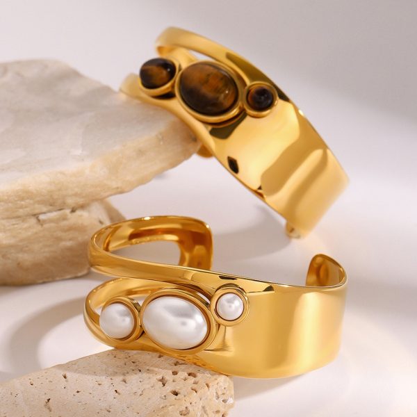 Niche Irregular Wide-faced Natural Stone Pearl Opening Hollow Bracelet Personality