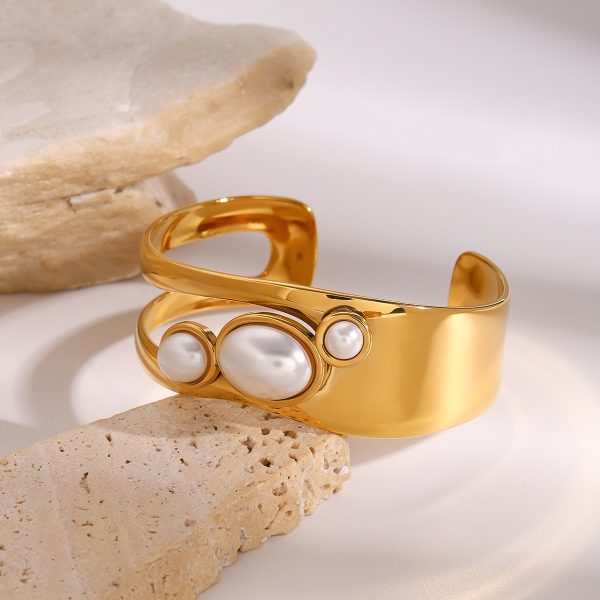 Niche Irregular Wide-faced Natural Stone Pearl Opening Hollow Bracelet Personality