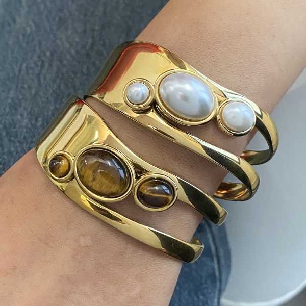 Niche Irregular Wide-faced Natural Stone Pearl Opening Hollow Bracelet Personality