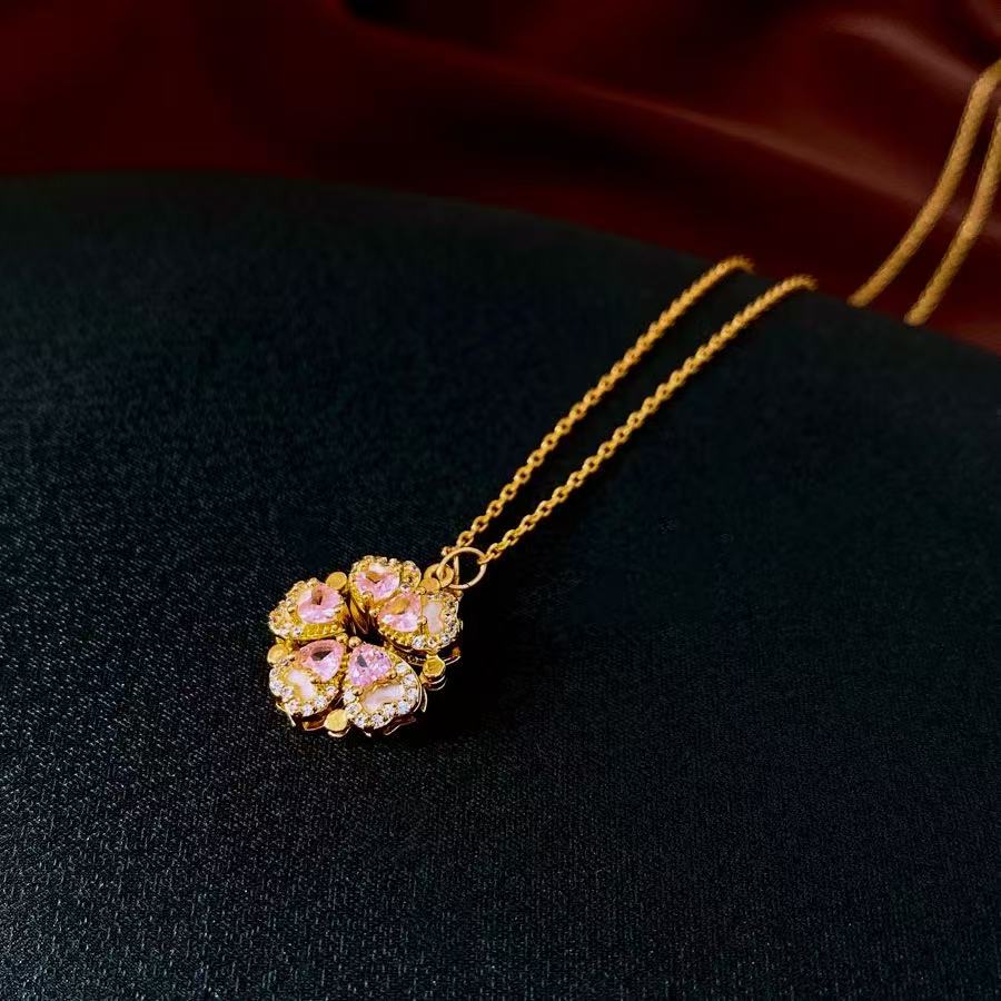 Real Gold Stone Flower Pendant Necklace Light Luxury Fashion Clavicle Chain Simple And Versatile