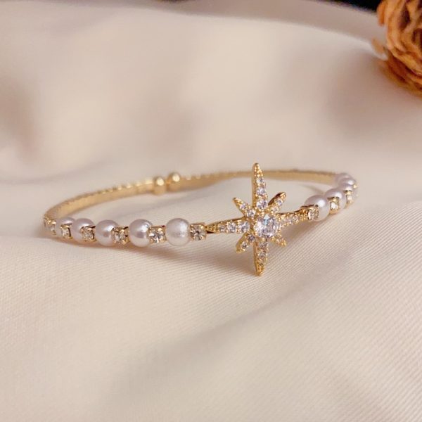 Retro Eight-Pointed Star Pearl Bracelet Exquisite Light Luxury Versatile Opening Adjustable
