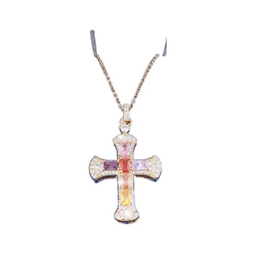 Full Of Diamonds Colorful Stone Cross Clavicle Chain Necklace Women's Versatile Necklace