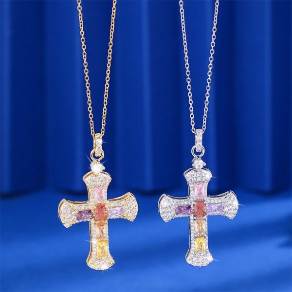 Full Of Diamonds Colorful Stone Cross Clavicle Chain Necklace Women's Versatile Necklace