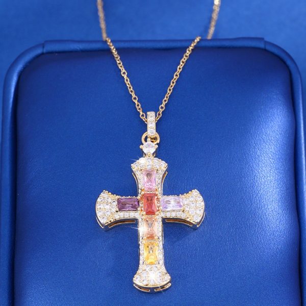 Full Of Diamonds Colorful Stone Cross Clavicle Chain Necklace Women's Versatile Necklace