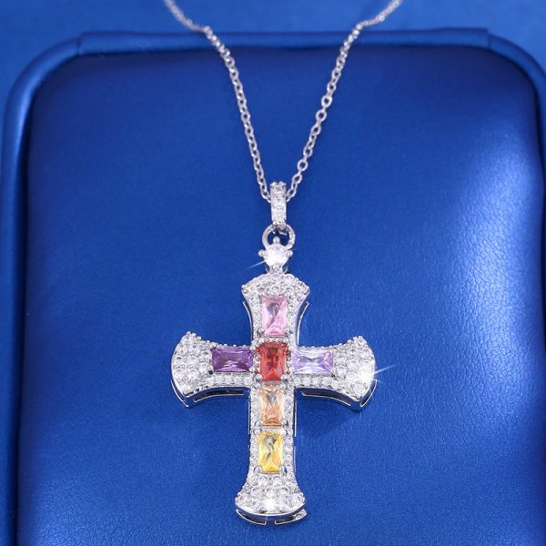 Full Of Diamonds Colorful Stone Cross Clavicle Chain Necklace Women's Versatile Necklace