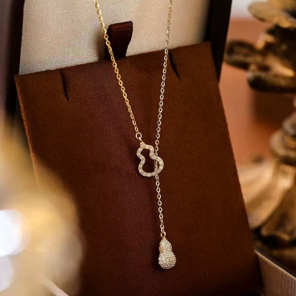 Double Gourd Necklac-Copper-Plated Real Gold Adjustable Clavicle Chain Oriental Lucky Symbol Ins Style Light Luxury Wear