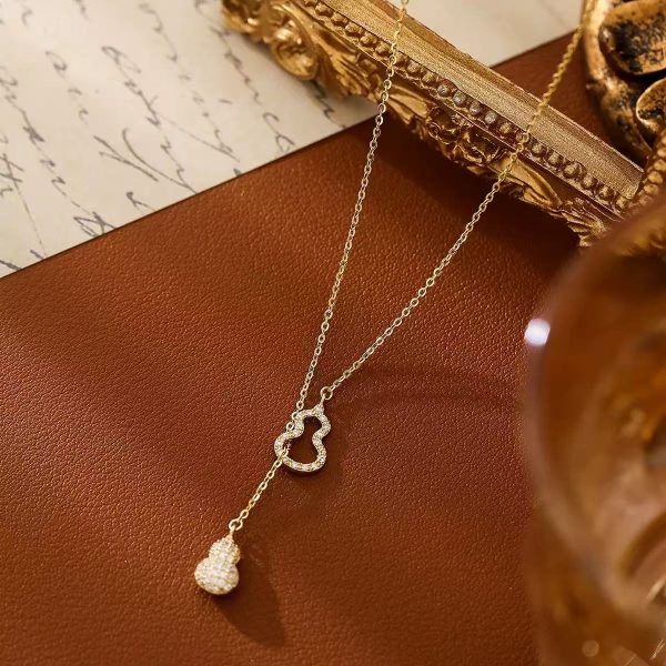 Double Gourd Necklac-Copper-Plated Real Gold Adjustable Clavicle Chain Oriental Lucky Symbol Ins Style Light Luxury Wear