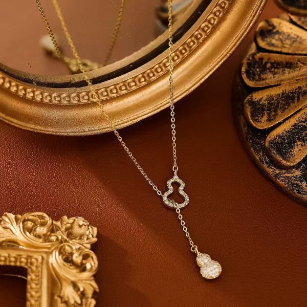 Double Gourd Necklac-Copper-Plated Real Gold Adjustable Clavicle Chain Oriental Lucky Symbol Ins Style Light Luxury Wear