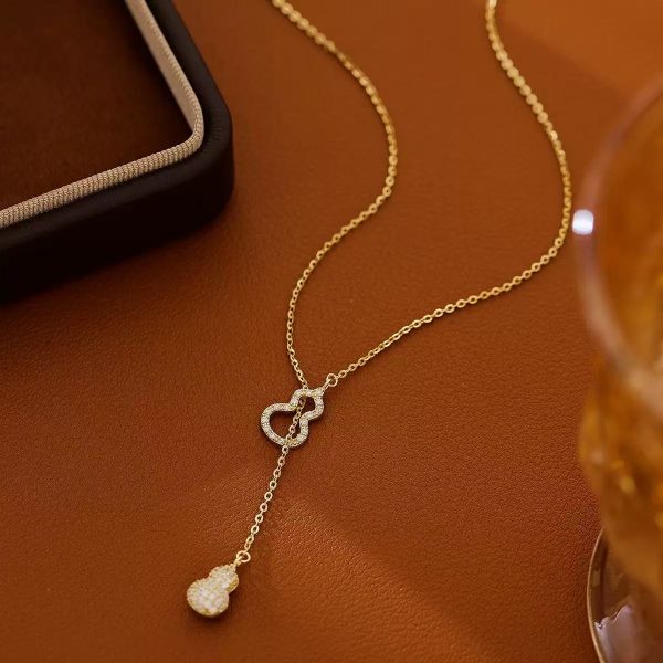 Double Gourd Necklac-Copper-Plated Real Gold Adjustable Clavicle Chain Oriental Lucky Symbol Ins Style Light Luxury Wear