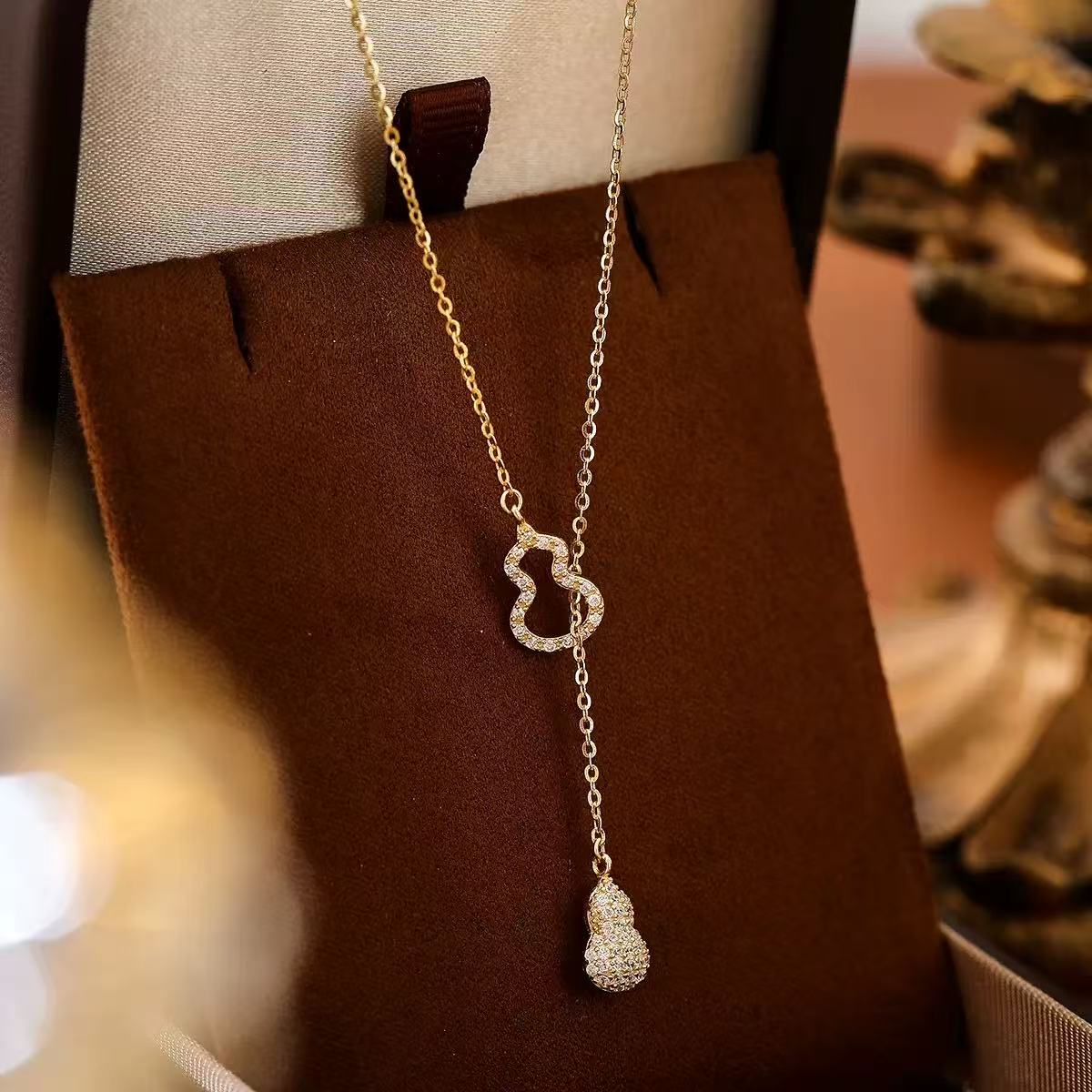 Double Gourd Necklac-Copper-Plated Real Gold Adjustable Clavicle Chain Oriental Lucky Symbol Ins Style Light Luxury Wear