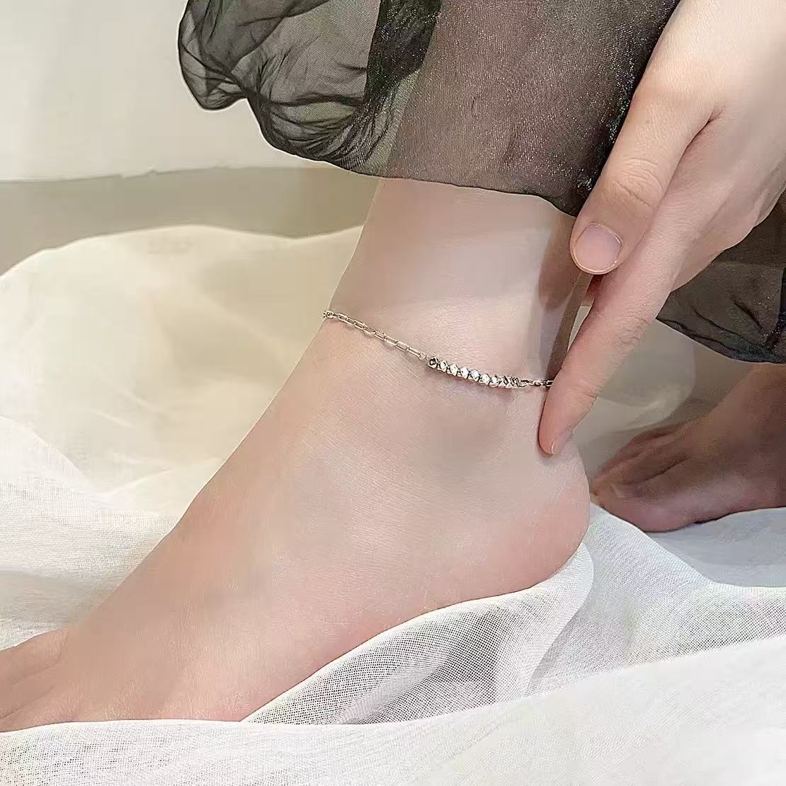 Broken Silver Anklet-S925 Sterling Silver Irregular Silver Grains Bosnian Style Foot Bare Chain Summer Beach Matching Artifacts